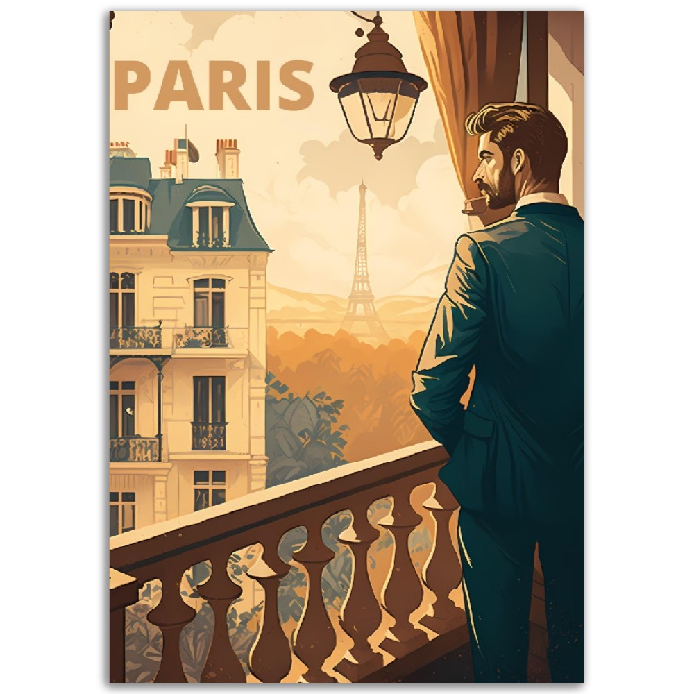 Affiche Paris au Balcon - Homme - Haussmannien - Tour Eiffel - France - Poster - Illustration