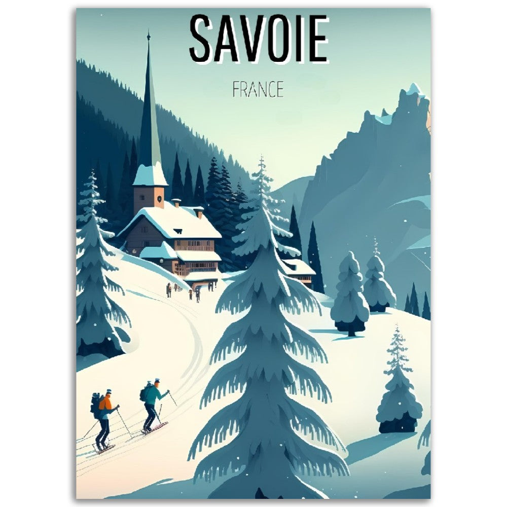 Affiche  Savoir France - Montagne - Neige Skieurs Eglise - France - Poster - Illustration