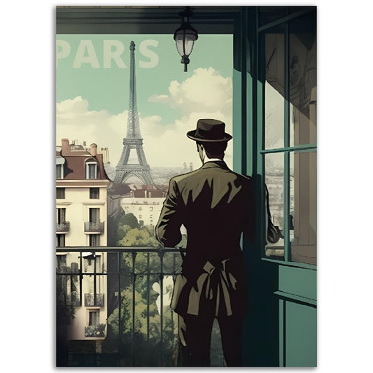 Affiche Paris au Balcon - Homme - Tour Eiffel - France - Poster - Illustration