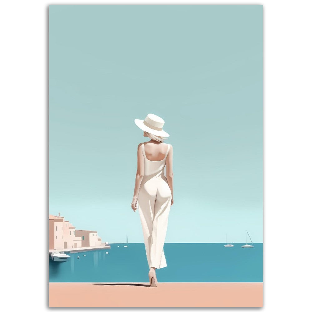 Illustration Minimaliste "La dame de Saint Tropez"- Femme - Femme au chapeau - Bord de mer - France - Poster - Illustration