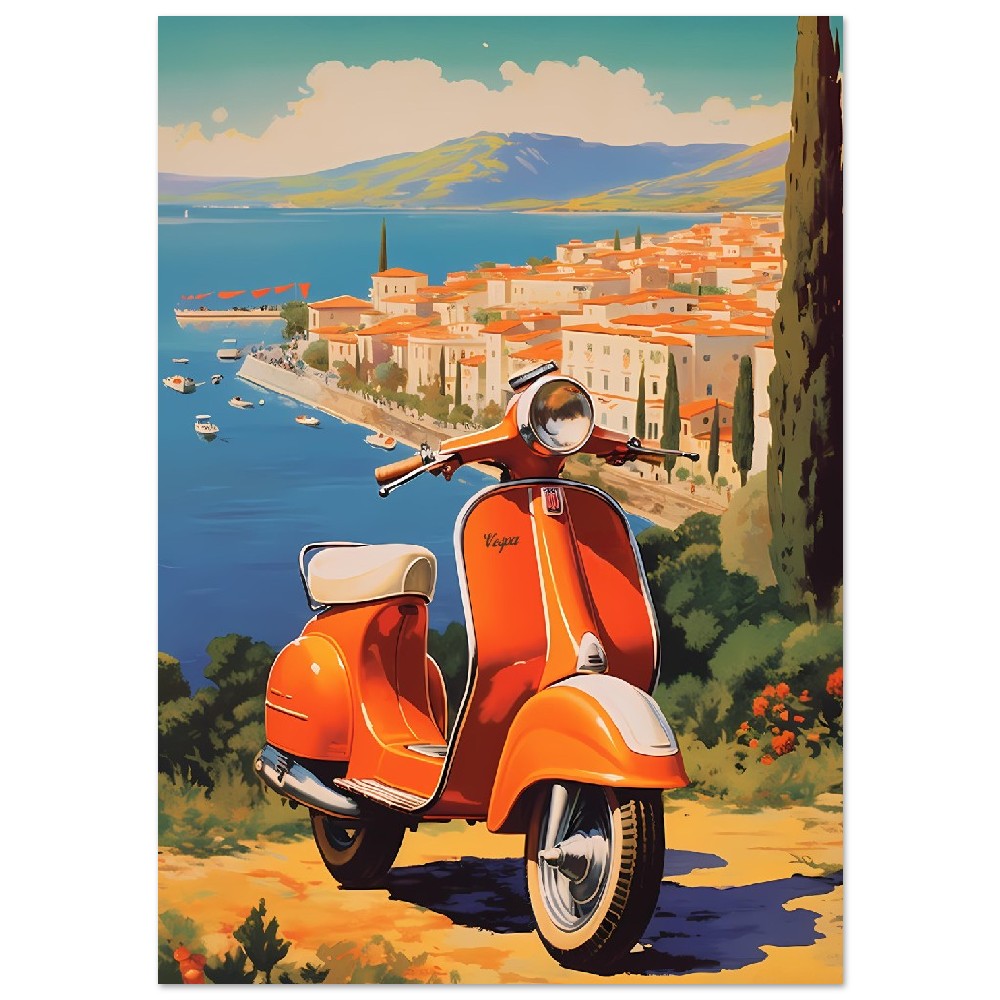 Affiche Vintage Scooter Vespa En Italie avec la mer - Orange - France - Poster - Illustration