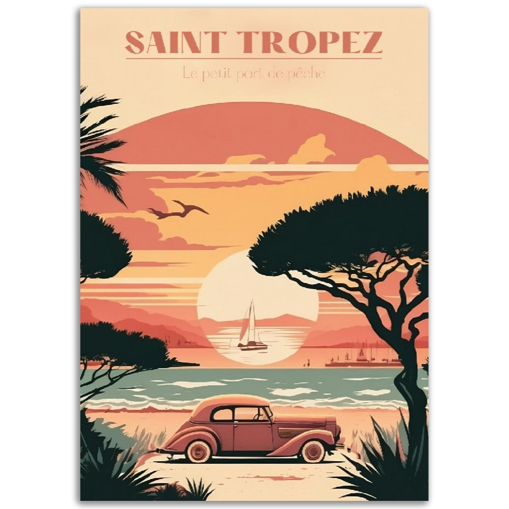 Affiche Saint Tropez - Le Petit Port de pêche - Voiture ancienne - French Riviera - France - Poster - Illustration