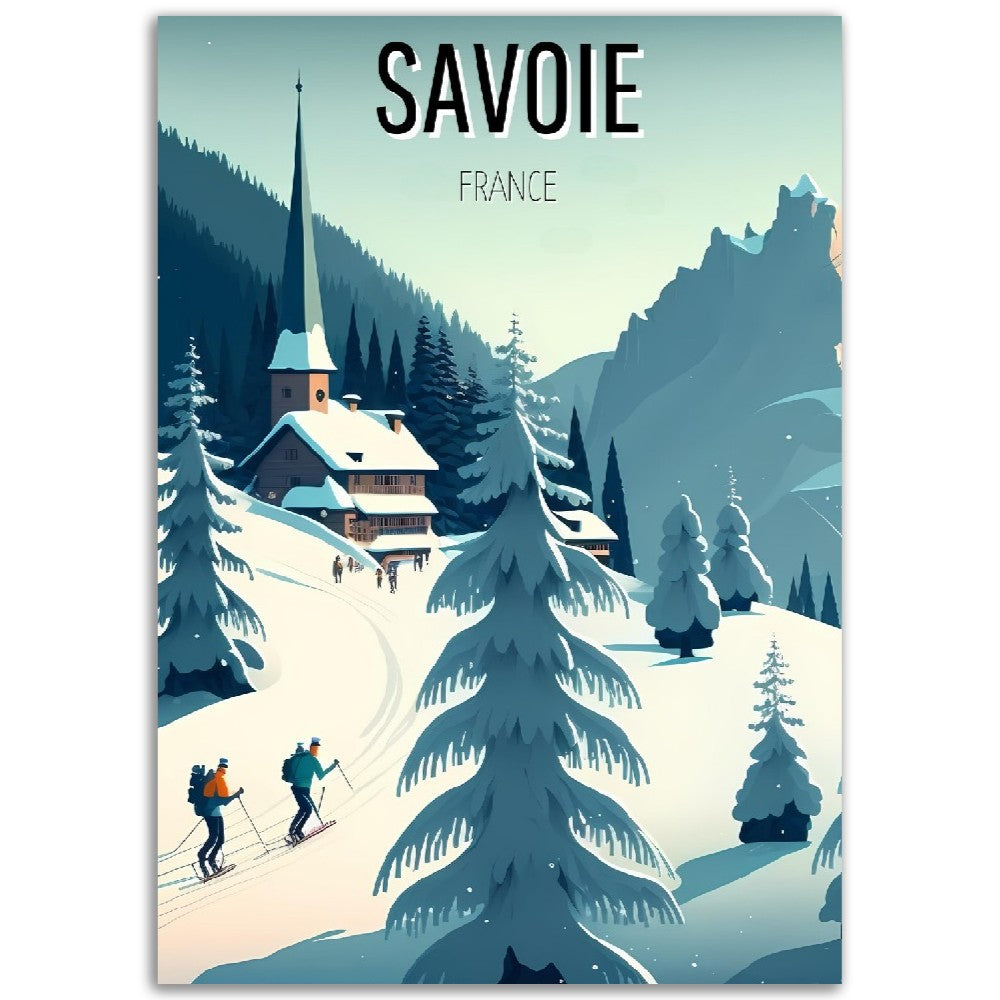 Affiche  Savoir France - Montagne - Neige Skieurs Eglise - France - Poster - Illustration