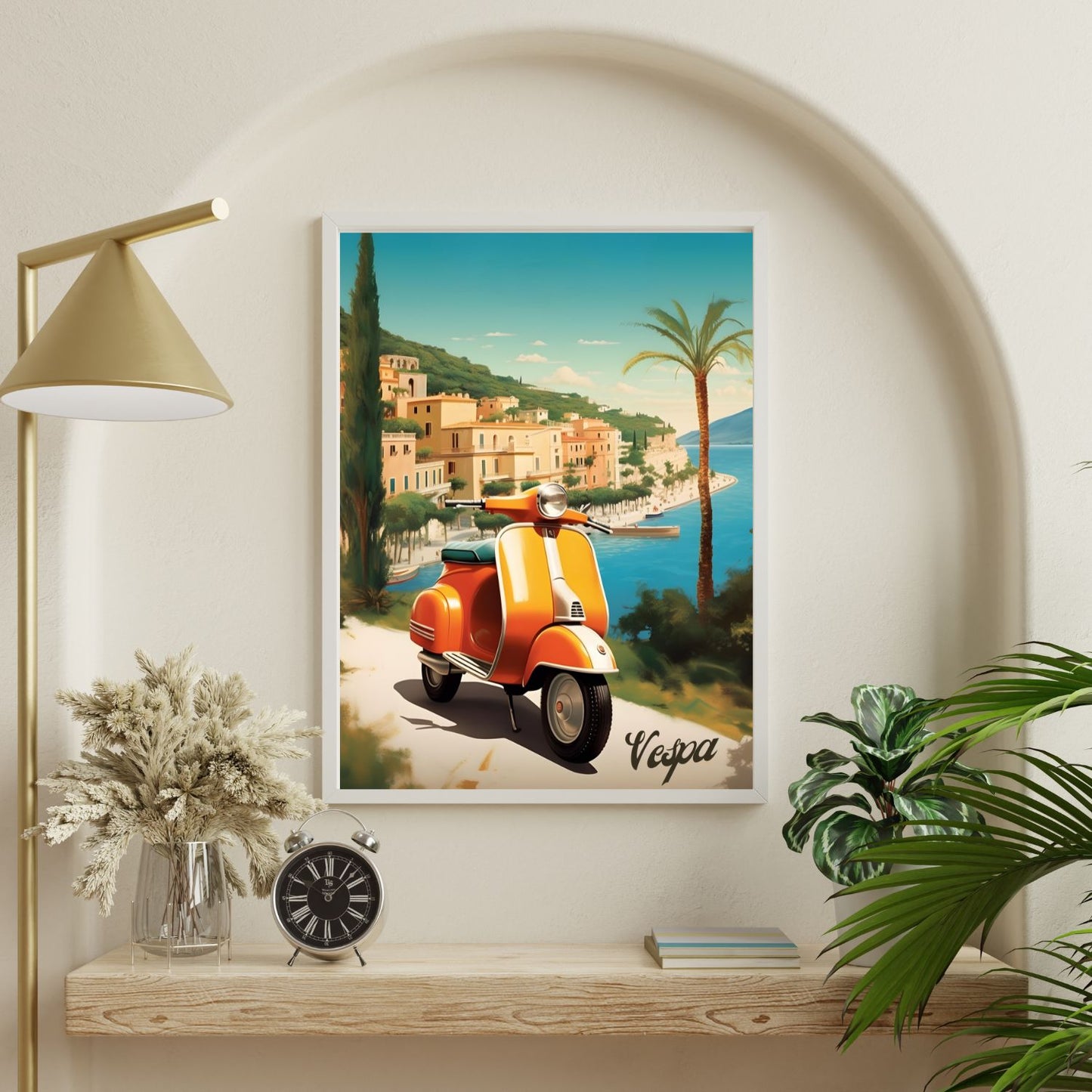 Affiche Vintage Scooter Vespa En Italie avec la mer