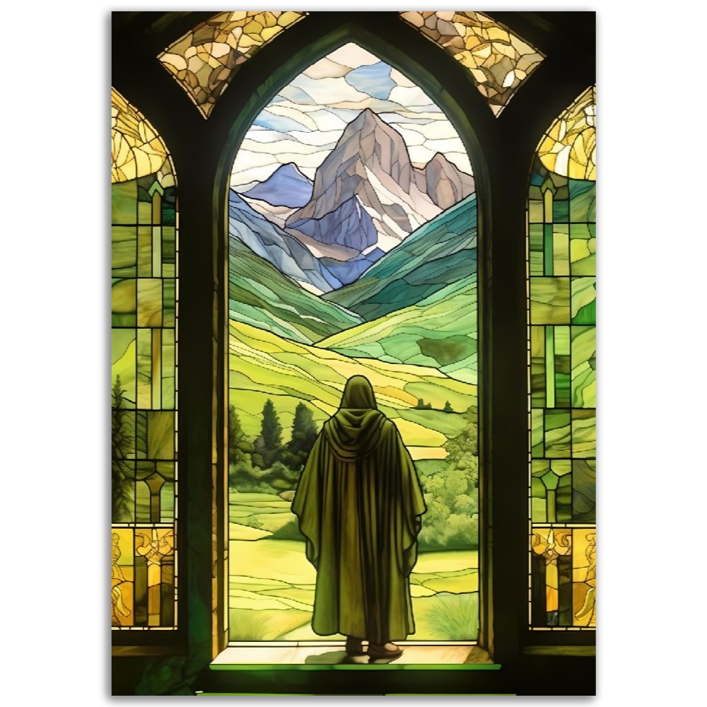 Affiche Vitraux de Montagne - Monastère - Moine - France - Poster - Illustration