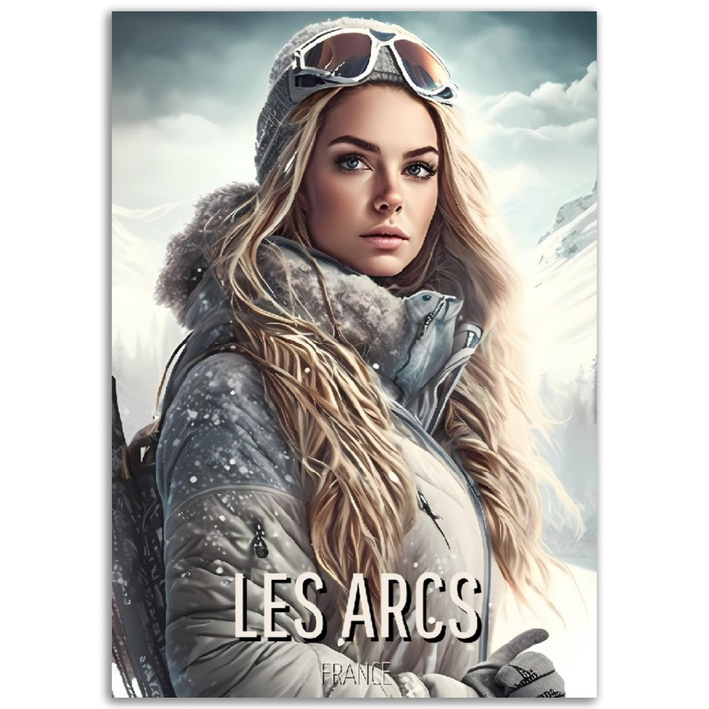 Affiche Station de ski Les Arcs - Femme au Ski - Montagne - France - Poster - Illustration