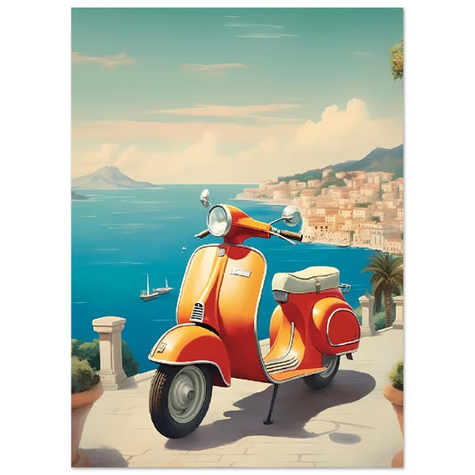 Affiche Scooter Vespa En Italie avec la mer - Orange - France - Poster - Illustration