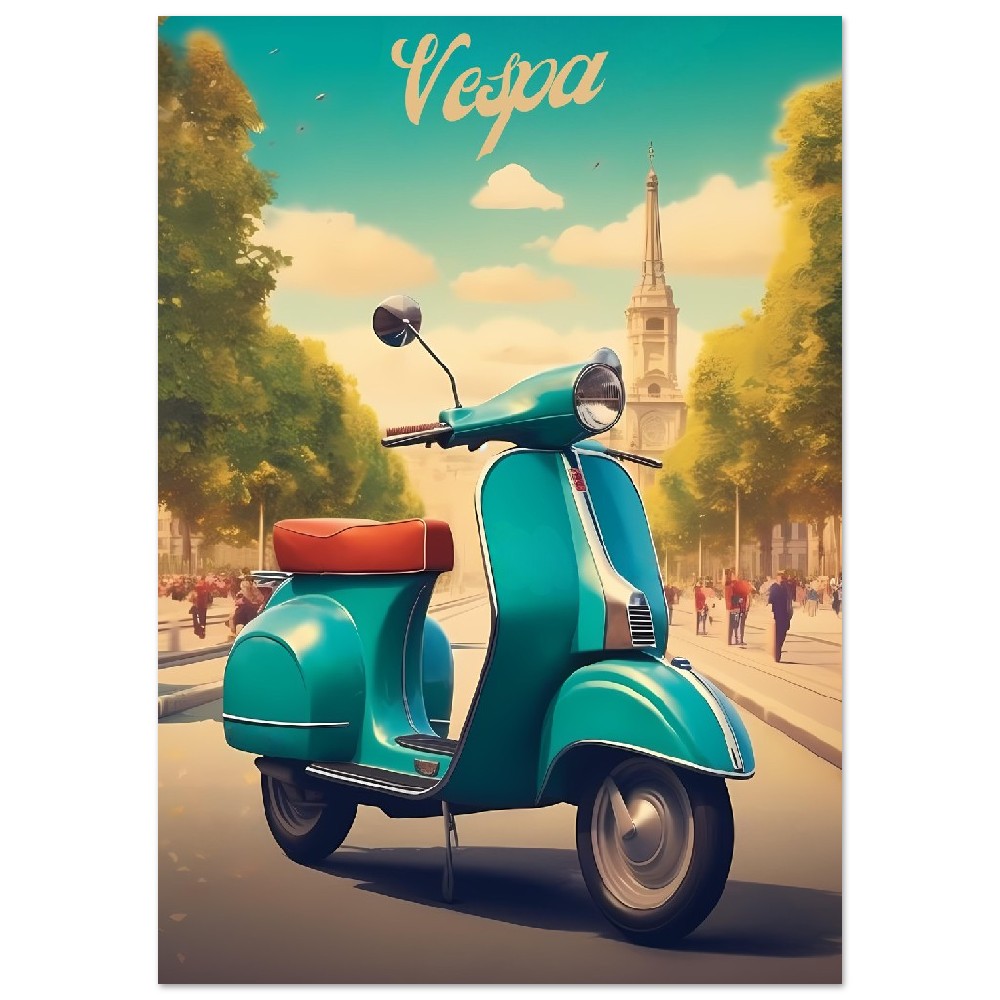 Affiche Vintage Scooter Vespa à Paris - Bleu - France - Poster - Illustration