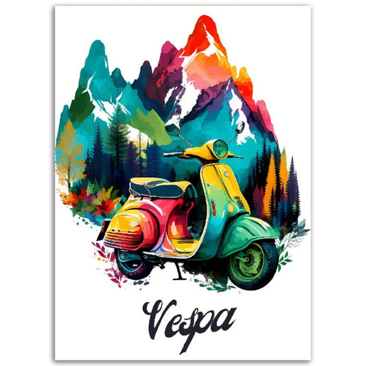 Affiche Scooter Vespa Tout en couleur - Montagne - France - Poster - Illustration