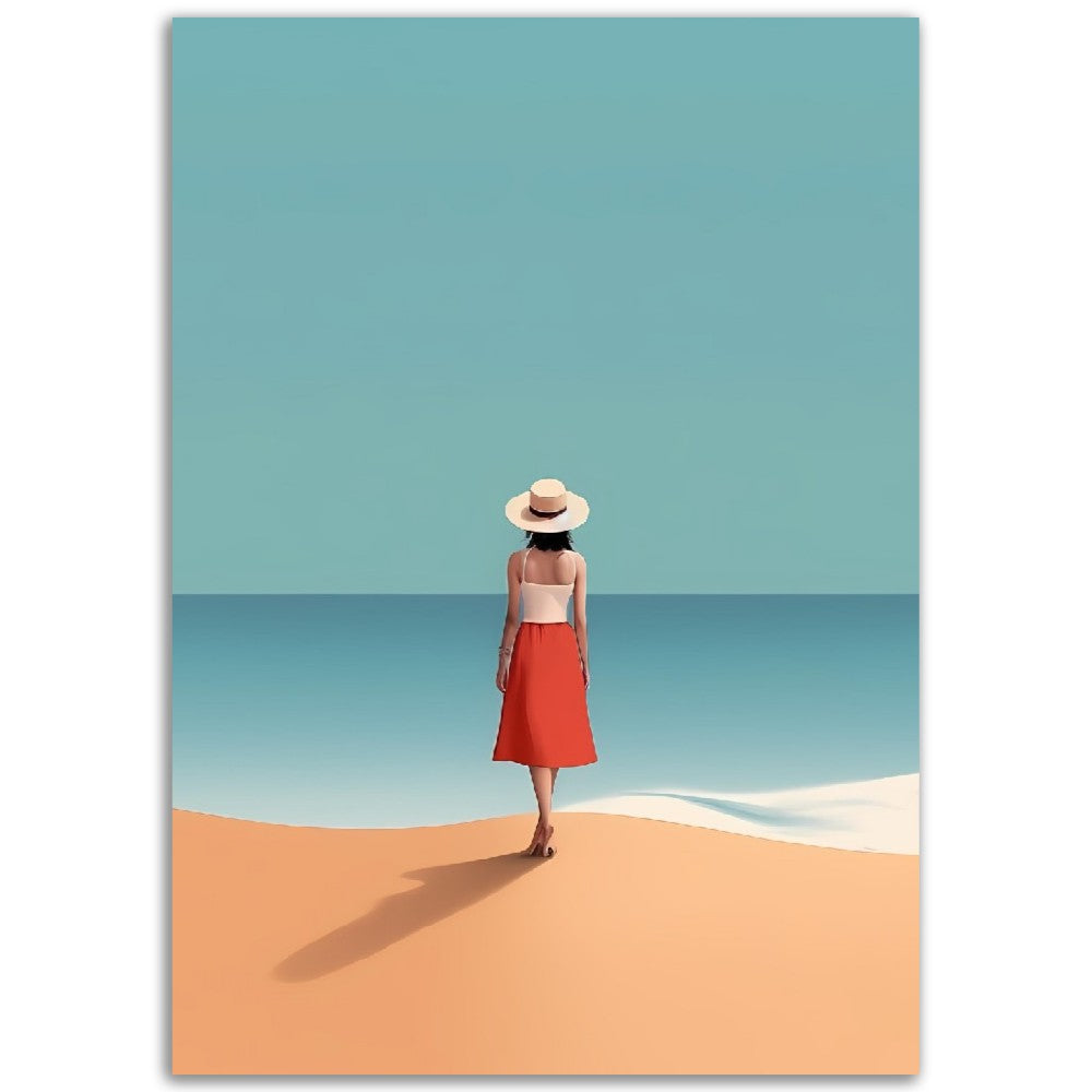 Illustration Minimaliste "La femme et l'océan"- Femme - Femme au chapeau - Bord de plage - France - Poster - Illustration