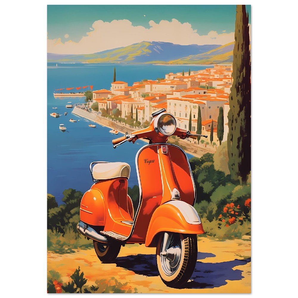 Affiche Vintage Scooter Vespa En Italie avec la mer - Orange - France - Poster - Illustration