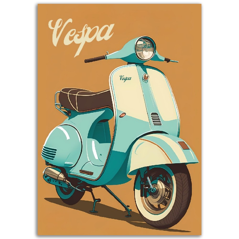 Affiche Scooter Vespa Bleu - Marron et Bleu - Italie - Poster - Illustration