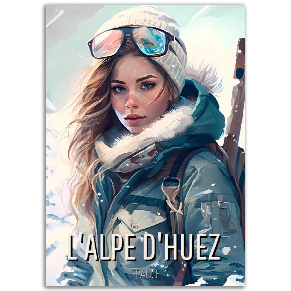 Affiche Station de ski L'alpe D'huez - Femme au Ski - Montagne - France - Poster - Illustration