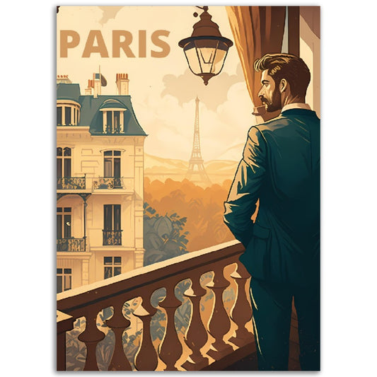 Affiche Paris au Balcon - Homme - Haussmannien - Tour Eiffel - France - Poster - Illustration