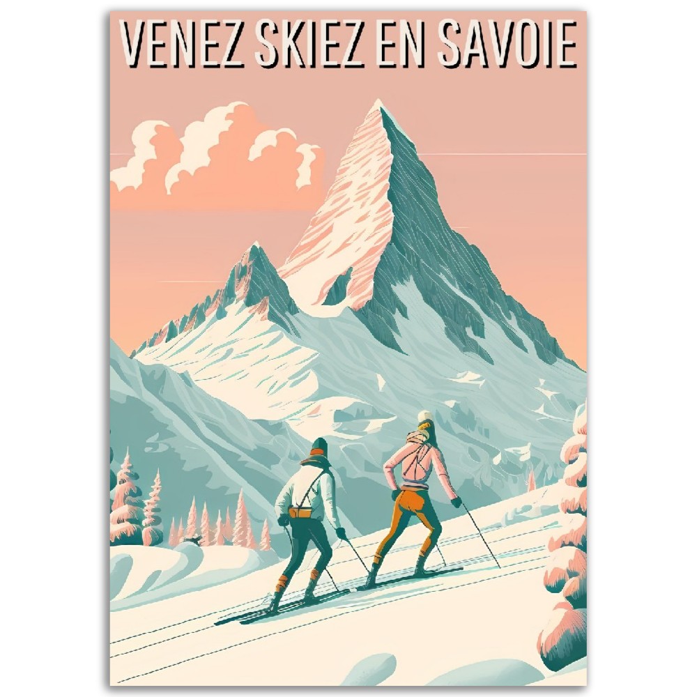 Affiche "Venez skiez en Savoie" - Montagne - Neige Skieurs - France - Poster - Illustration