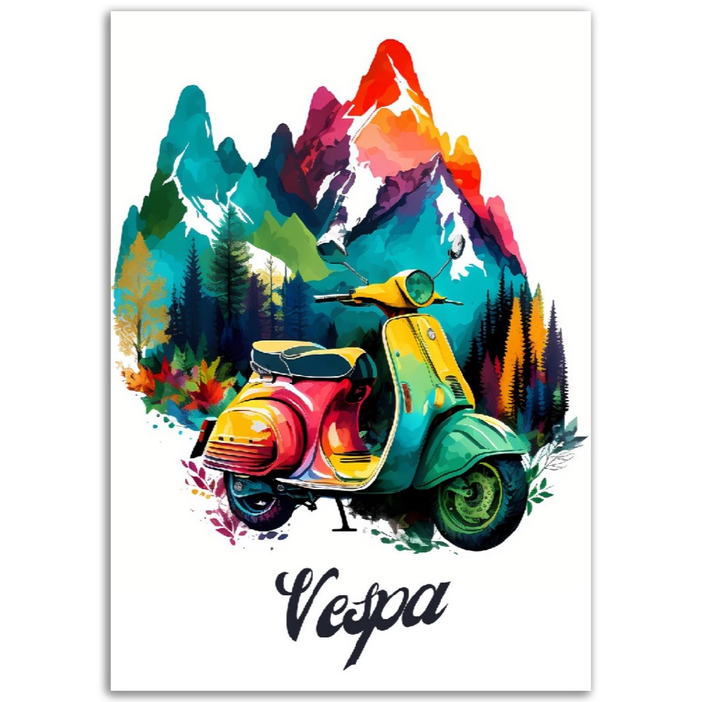 Affiche Scooter Vespa Tout en couleur - Montagne - France - Poster - Illustration