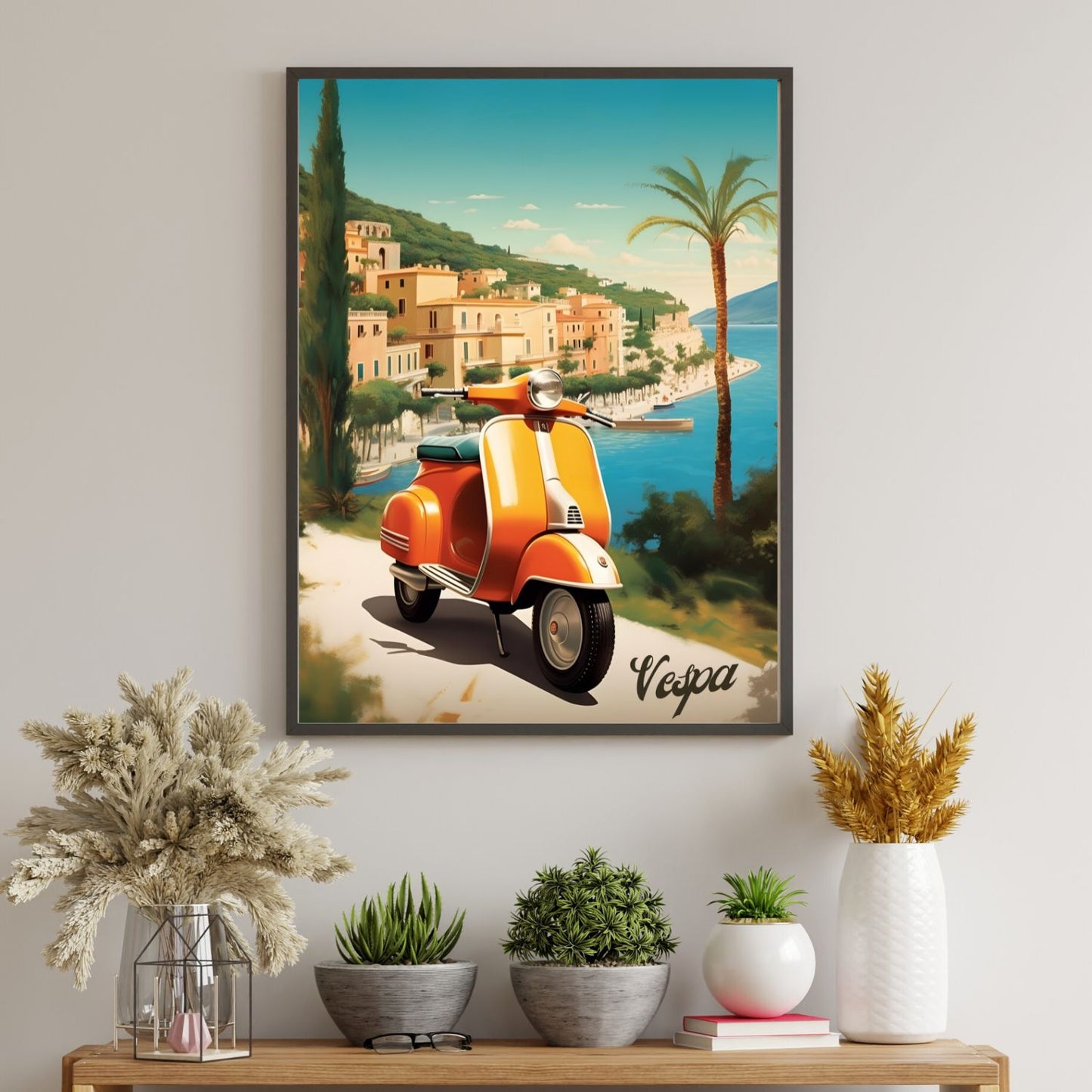 Affiche Vintage Scooter Vespa En Italie avec la mer