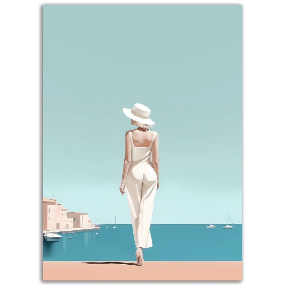 Illustration Minimaliste "La dame de Saint Tropez"- Femme - Femme au chapeau - Bord de mer - France - Poster - Illustration