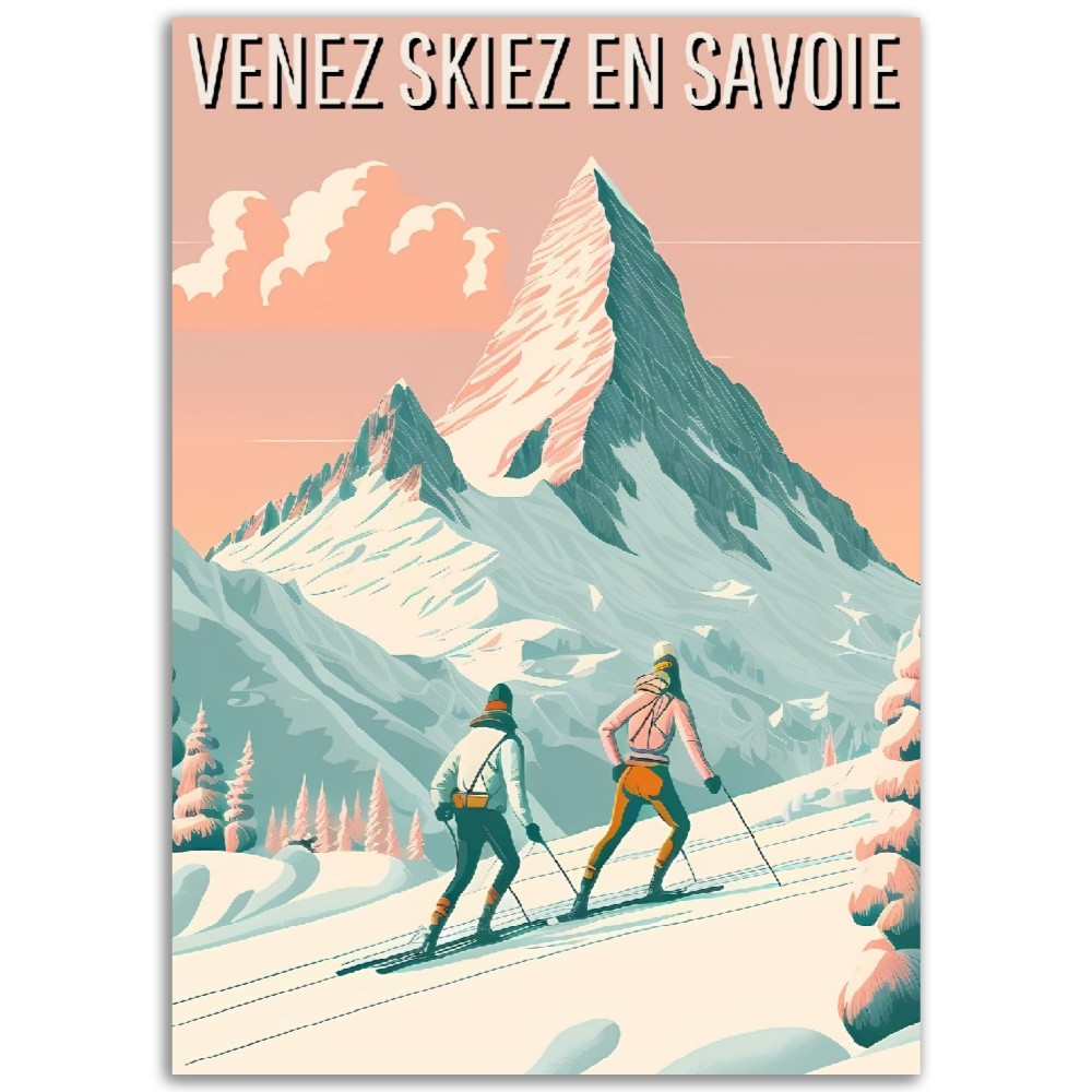 Affiche "Venez skiez en Savoie" - Montagne - Neige Skieurs - France - Poster - Illustration