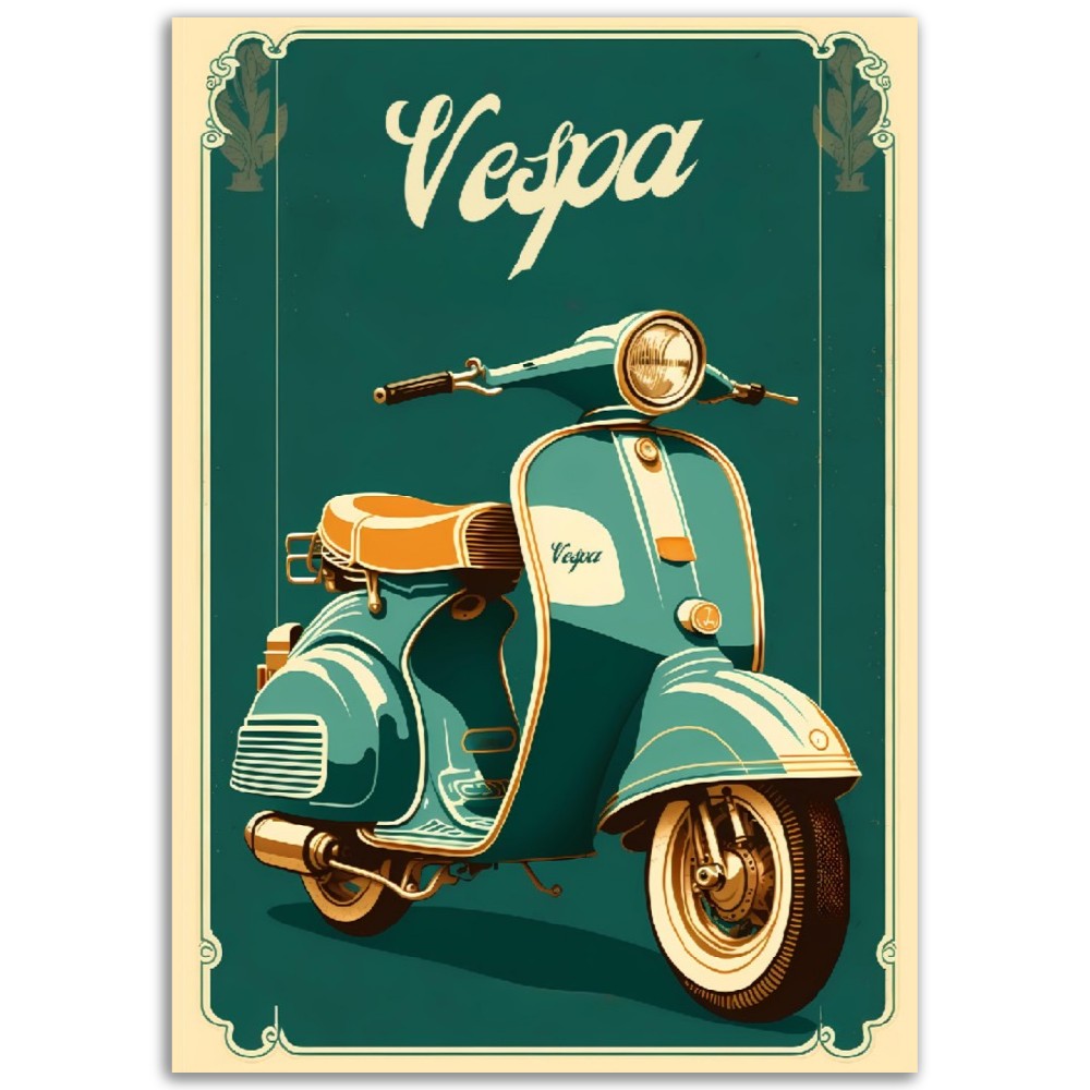 Affiche Vintage Scooter Vespa Bleu et Orange - Italie - Poster - Illustration