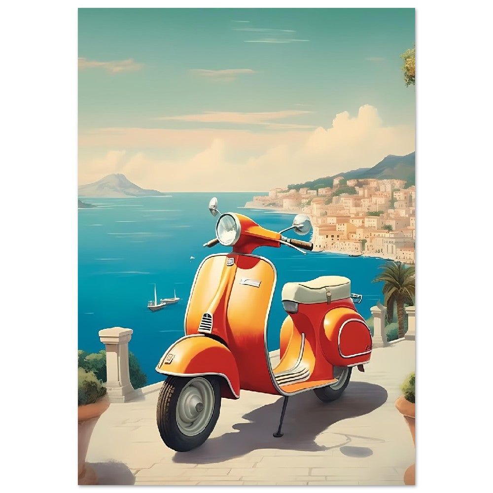 Affiche Scooter Vespa En Italie avec la mer - Orange - France - Poster - Illustration