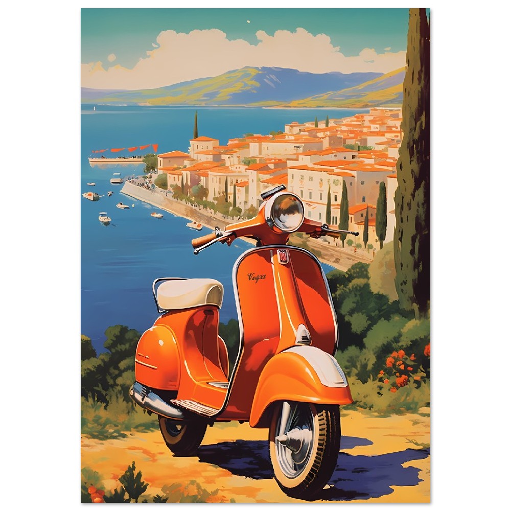 Affiche Vintage Scooter Vespa En Italie avec la mer - Orange - France - Poster - Illustration