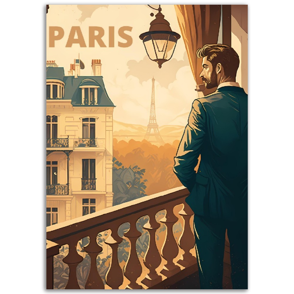 Affiche Paris au Balcon - Homme - Haussmannien - Tour Eiffel - France - Poster - Illustration