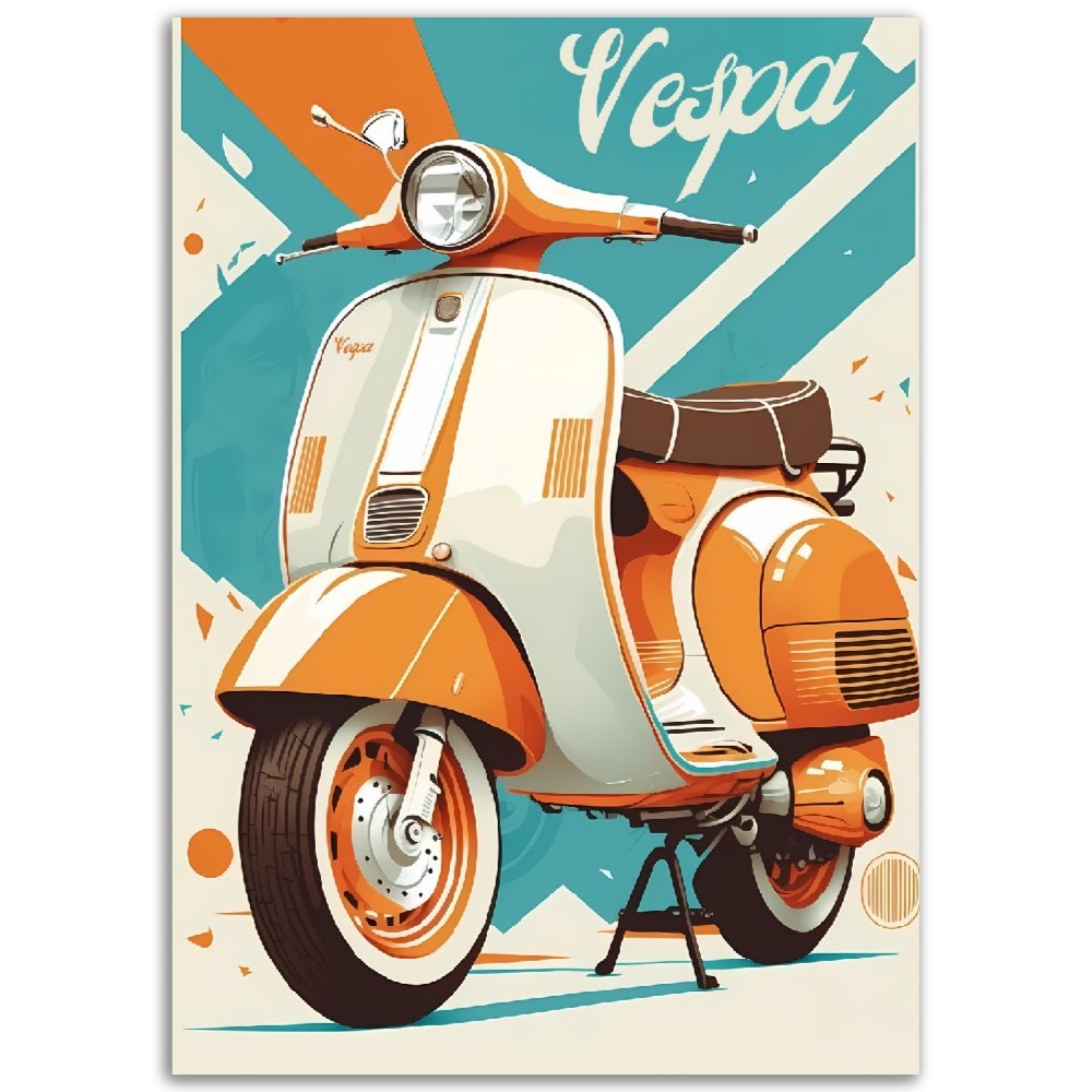 Affiche Scooter Vespa Tout en couleurs - Orange et Bleu - Italie - Poster - Illustration