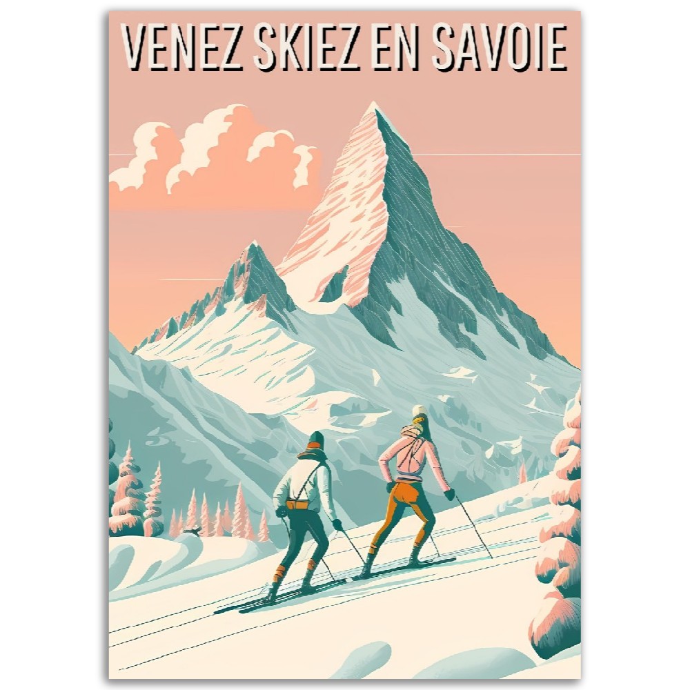 Affiche "Venez skiez en Savoie" - Montagne - Neige Skieurs - France - Poster - Illustration