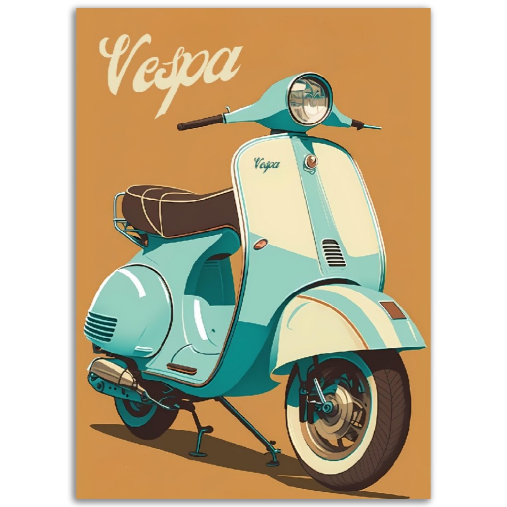 Affiche Scooter Vespa Bleu - Marron et Bleu - Italie - Poster - Illustration