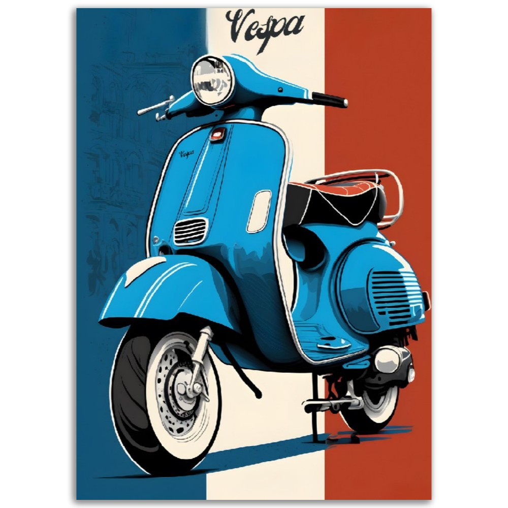 Affiche Scooter Vespa Bleu Blanc Rouge - Vintage - France - Poster - Illustration