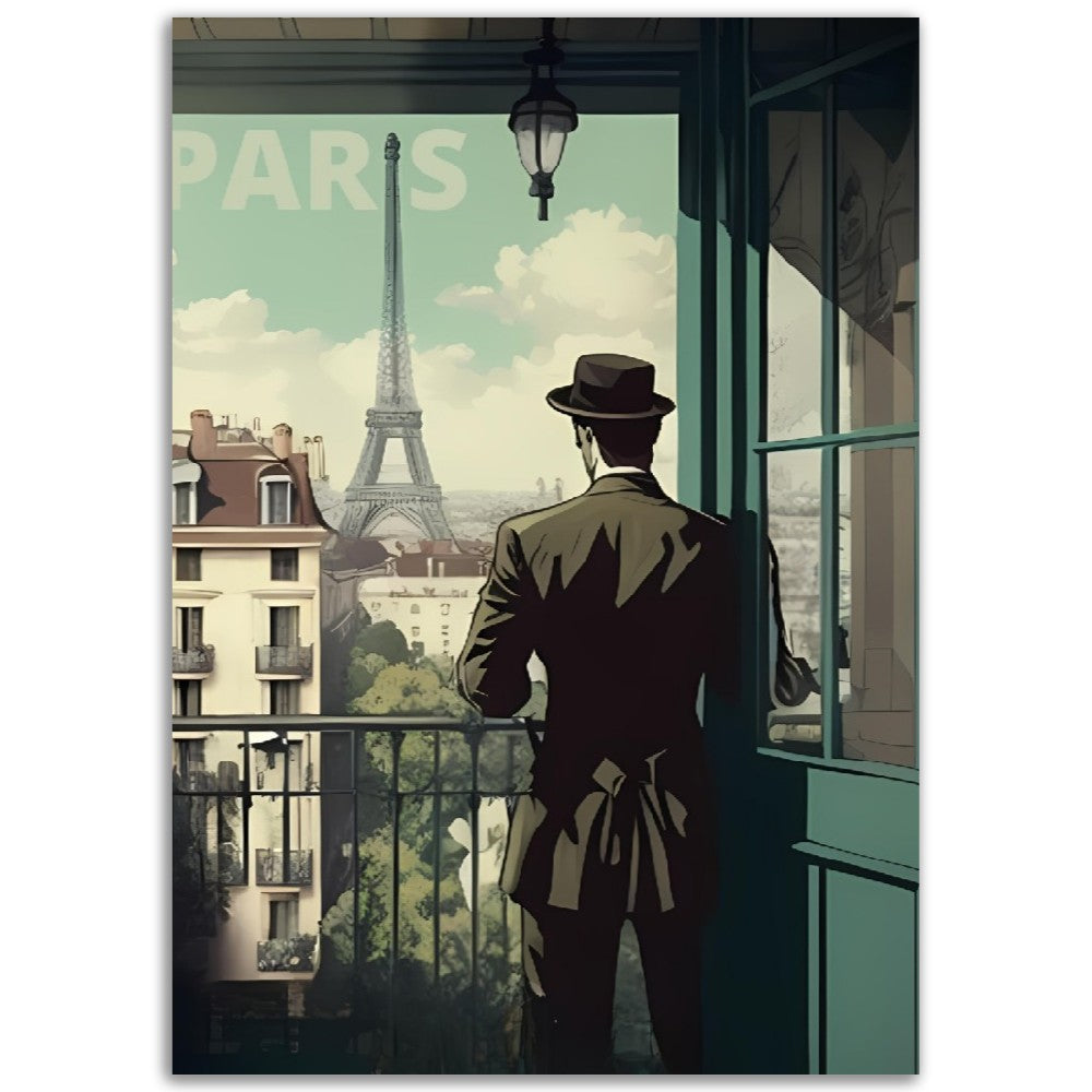 Affiche Paris au Balcon - Homme - Tour Eiffel - France - Poster - Illustration