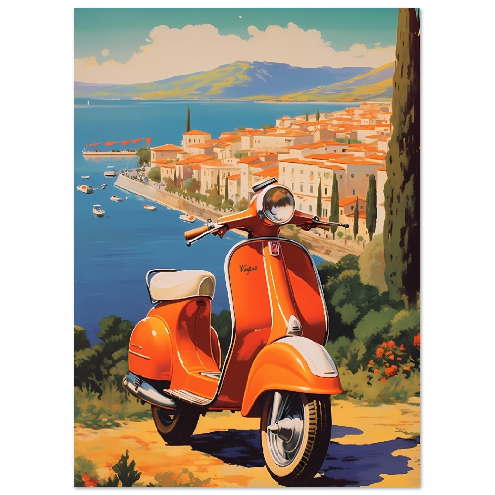 Affiche Vintage Scooter Vespa En Italie avec la mer - Orange - France - Poster - Illustration