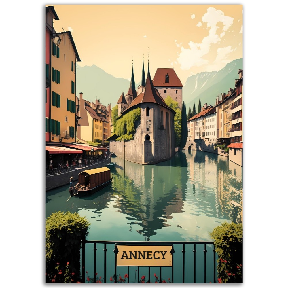 Illustration Annecy - France -  Toute en couleurs - 30x40 cm - Style 1950 - Poster - Affiche