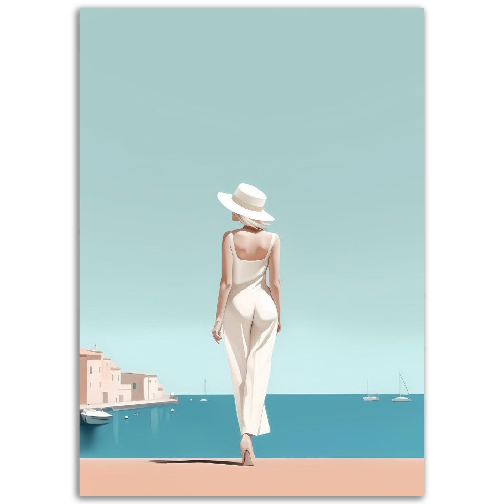 Illustration Minimaliste "La dame de Saint Tropez"- Femme - Femme au chapeau - Bord de mer - France - Poster - Illustration