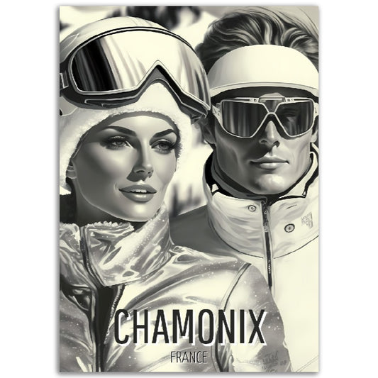 Illustration Homme et Femme - Chamonix France -  Toute en couleurs - 30x40 cm - Style 1950