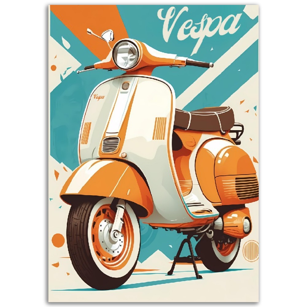 Affiche Scooter Vespa Tout en couleurs - Orange et Bleu - Italie - Poster - Illustration