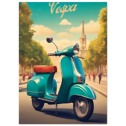 Affiche Vintage Scooter Vespa à Paris - Bleu - France - Poster - Illustration