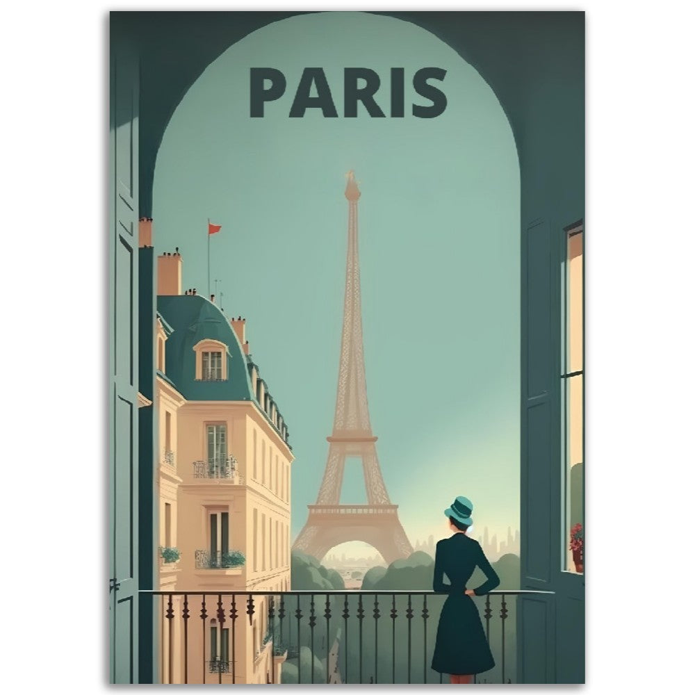 Affiche Paris au Balcon - Dame - Tour Eiffel - France - Poster - Illustration