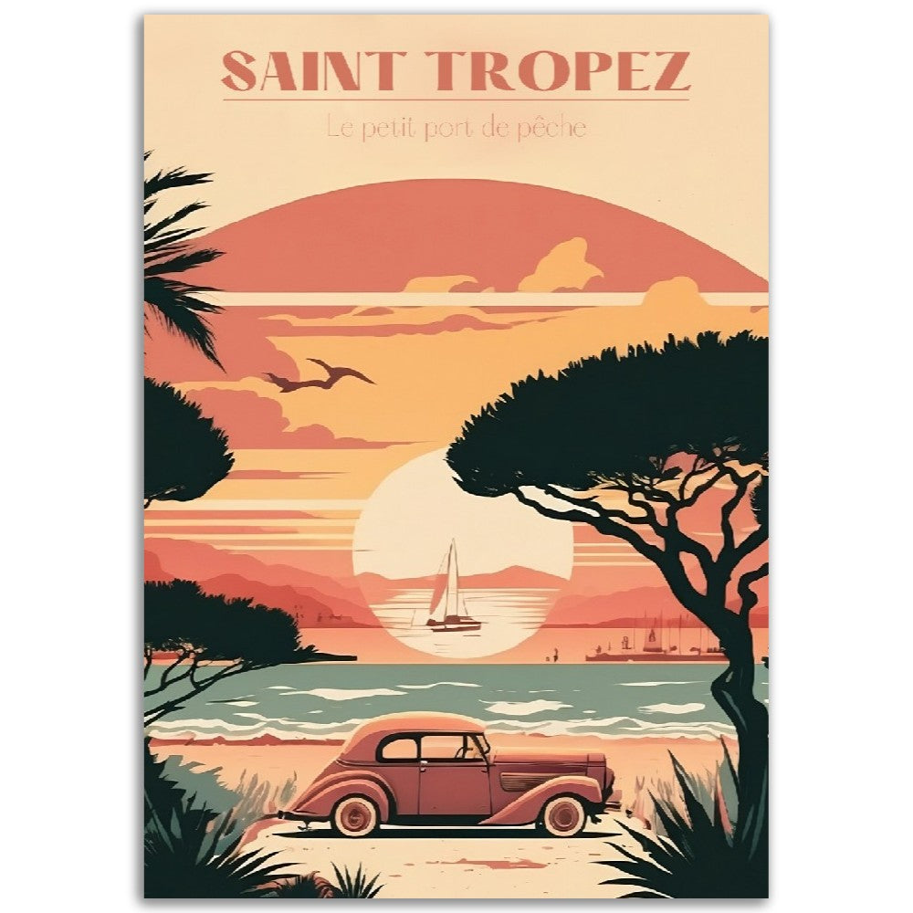 Affiche Saint Tropez - Le Petit Port de pêche - Voiture ancienne - French Riviera - France - Poster - Illustration