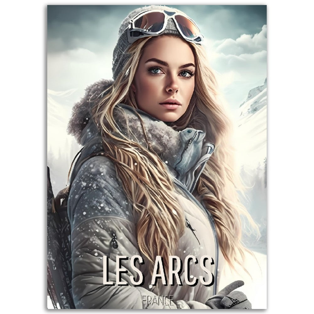 Affiche Station de ski Les Arcs - Femme au Ski - Montagne - France - Poster - Illustration