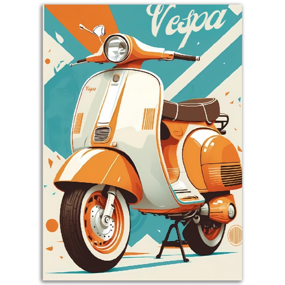 Affiche Scooter Vespa Tout en couleurs - Orange et Bleu - Italie - Poster - Illustration