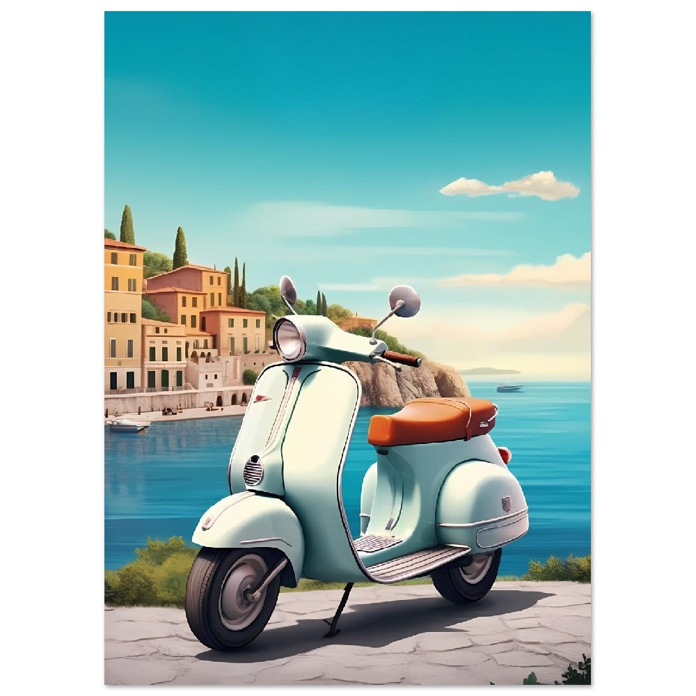 Affiche Scooter Vespa En Italie avec la mer - Gris - France - Poster - Illustration