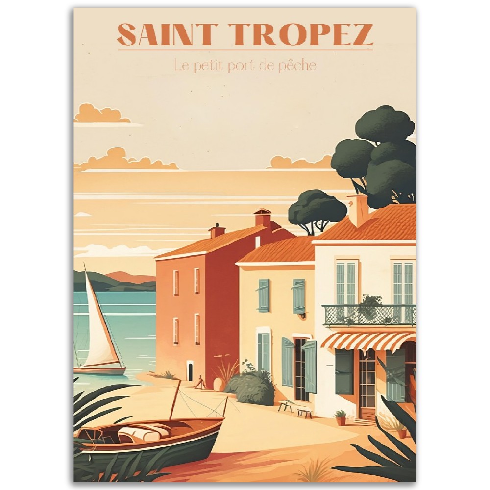 Affiche Saint Tropez - Le Petit Port de pêche - Bateau de pêche - French Riviera - France - Poster - Illustration