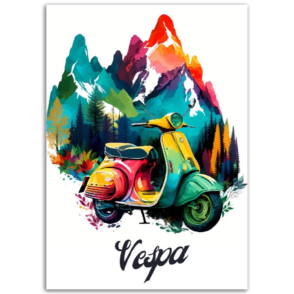 Affiche Scooter Vespa Tout en couleur - Montagne - France - Poster - Illustration