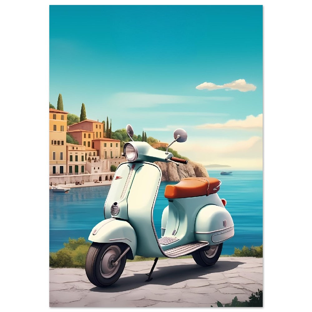 Affiche Scooter Vespa En Italie avec la mer - Gris - France - Poster - Illustration