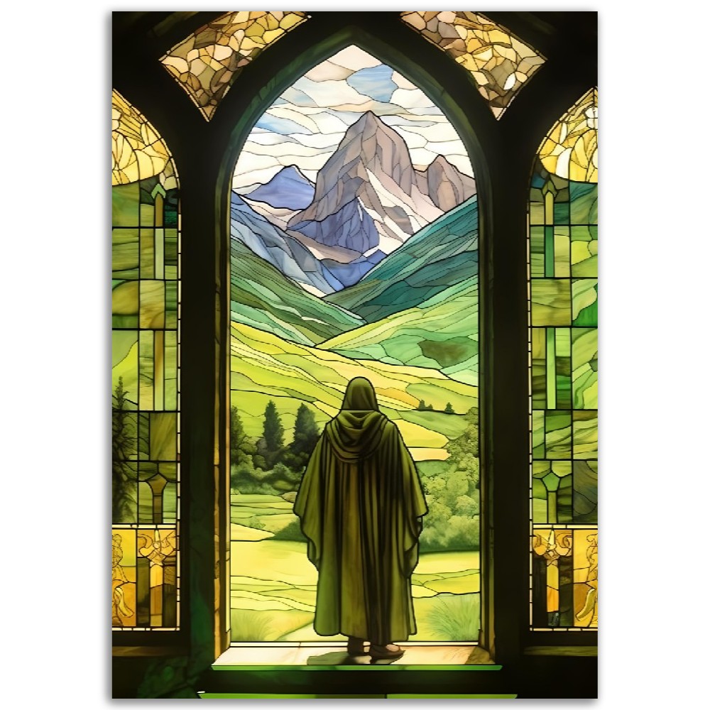 Affiche Vitraux de Montagne - Monastère - Moine - France - Poster - Illustration