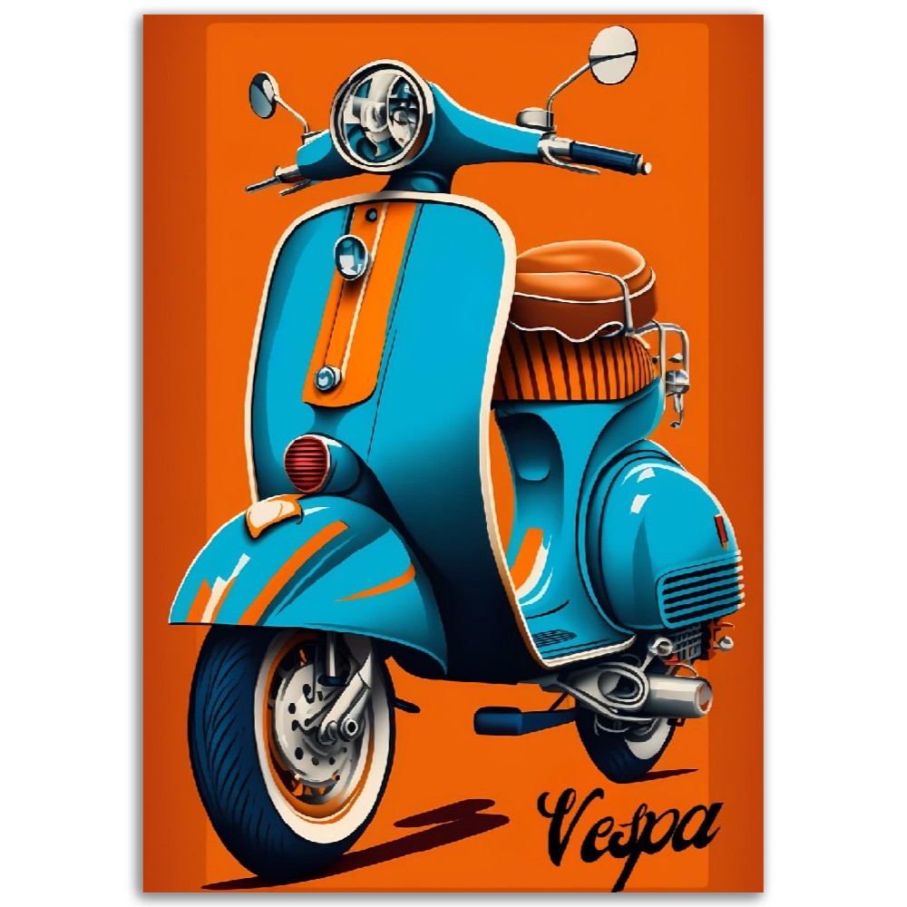 Affiche Scooter Vespa - Orange et Bleu - France - Poster - Illustration