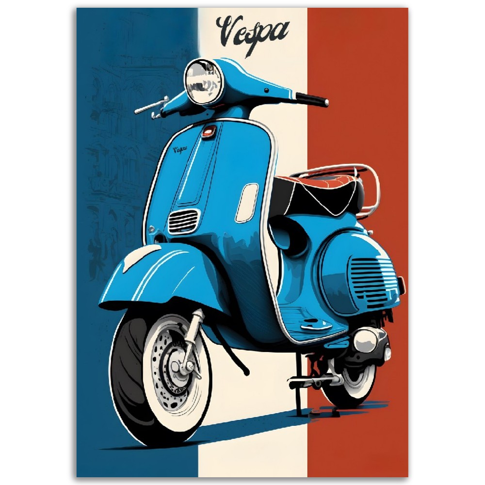 Affiche Scooter Vespa Bleu Blanc Rouge - Vintage - France - Poster - Illustration