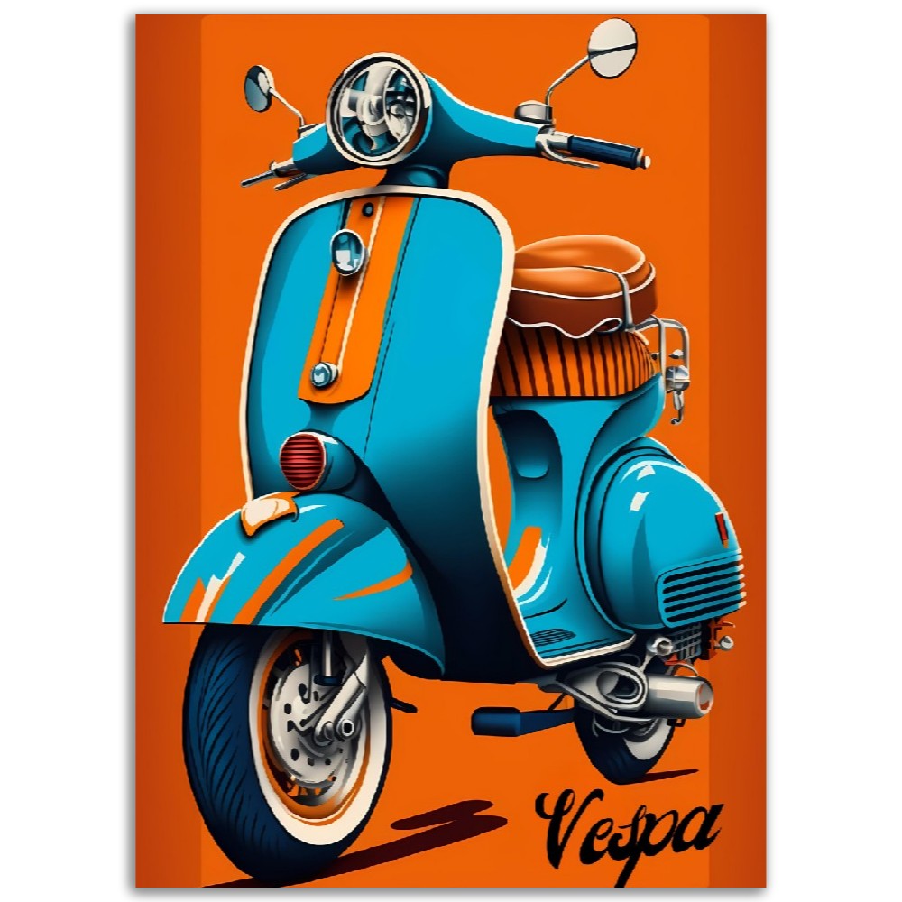 Affiche Scooter Vespa - Orange et Bleu - France - Poster - Illustration